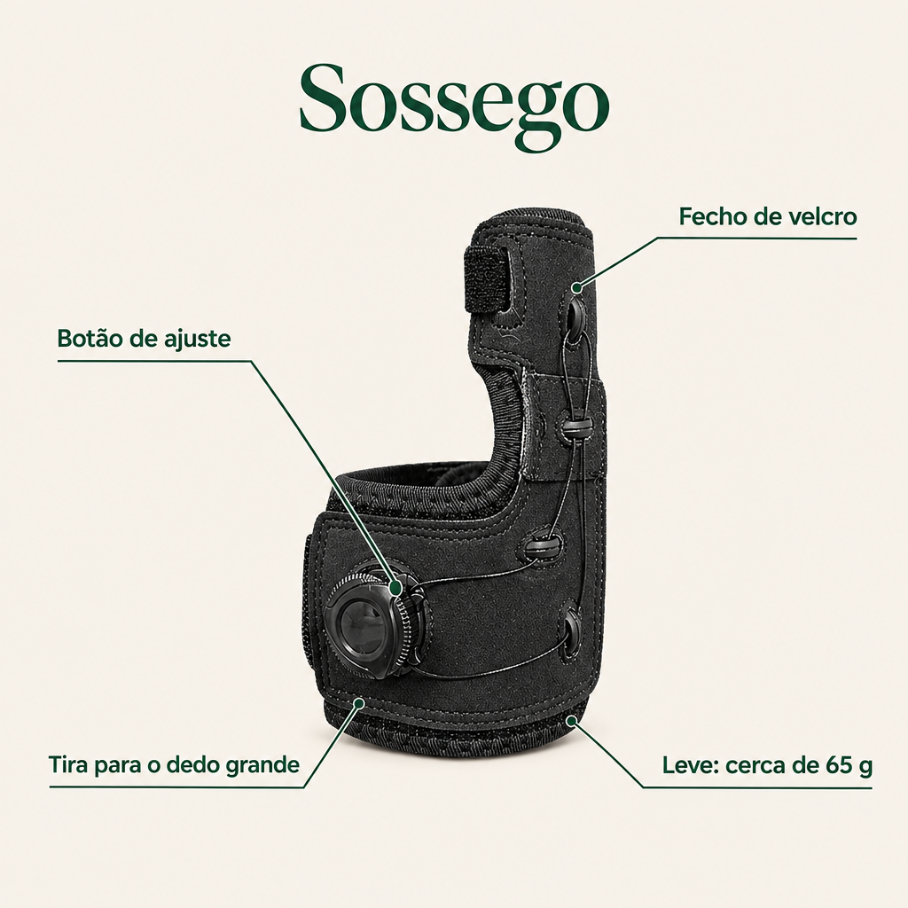 Características da tala Sossego: botão de ajuste, tira para o dedo grande, fecho de velcro