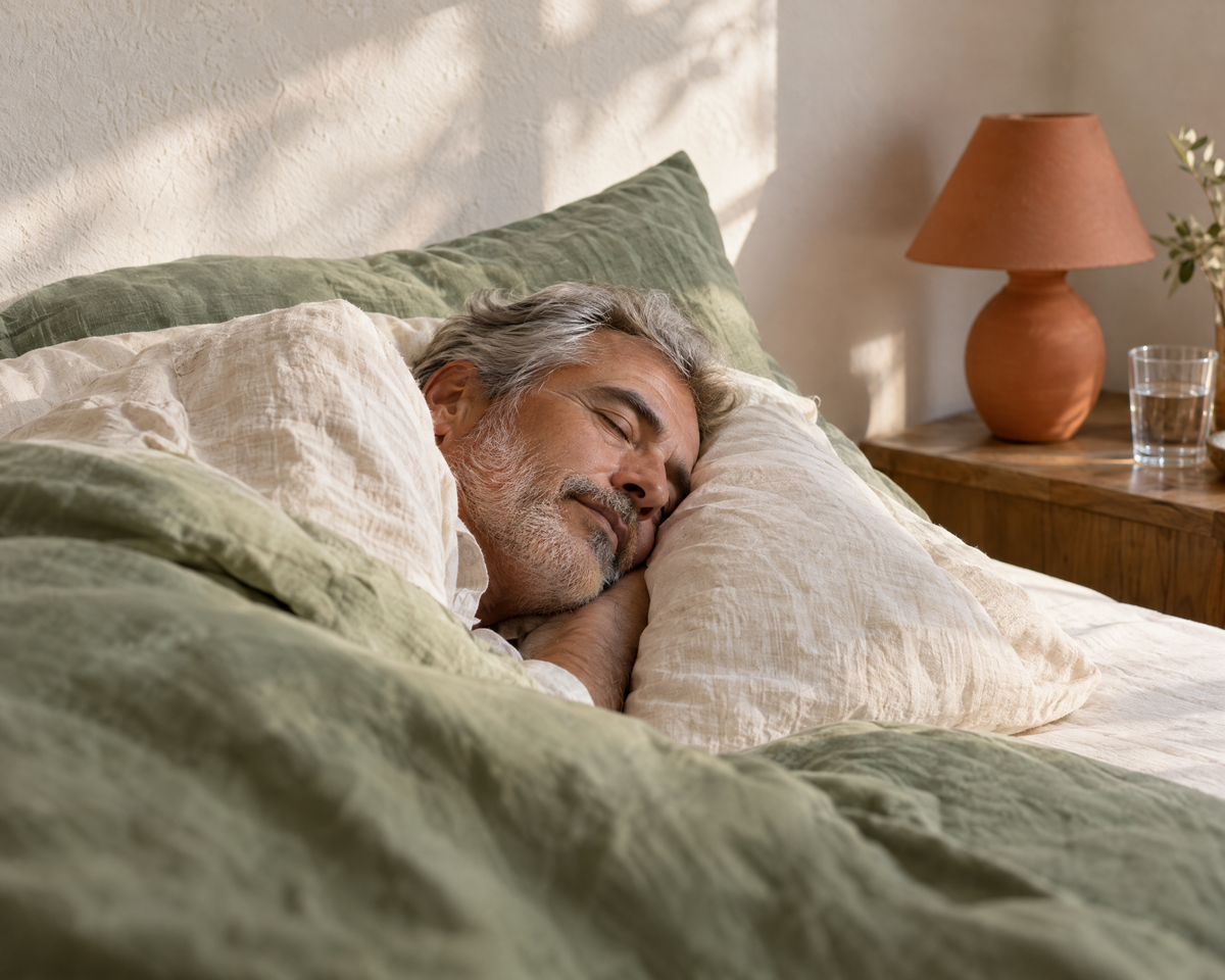 Homem a dormir tranquilamente de lado